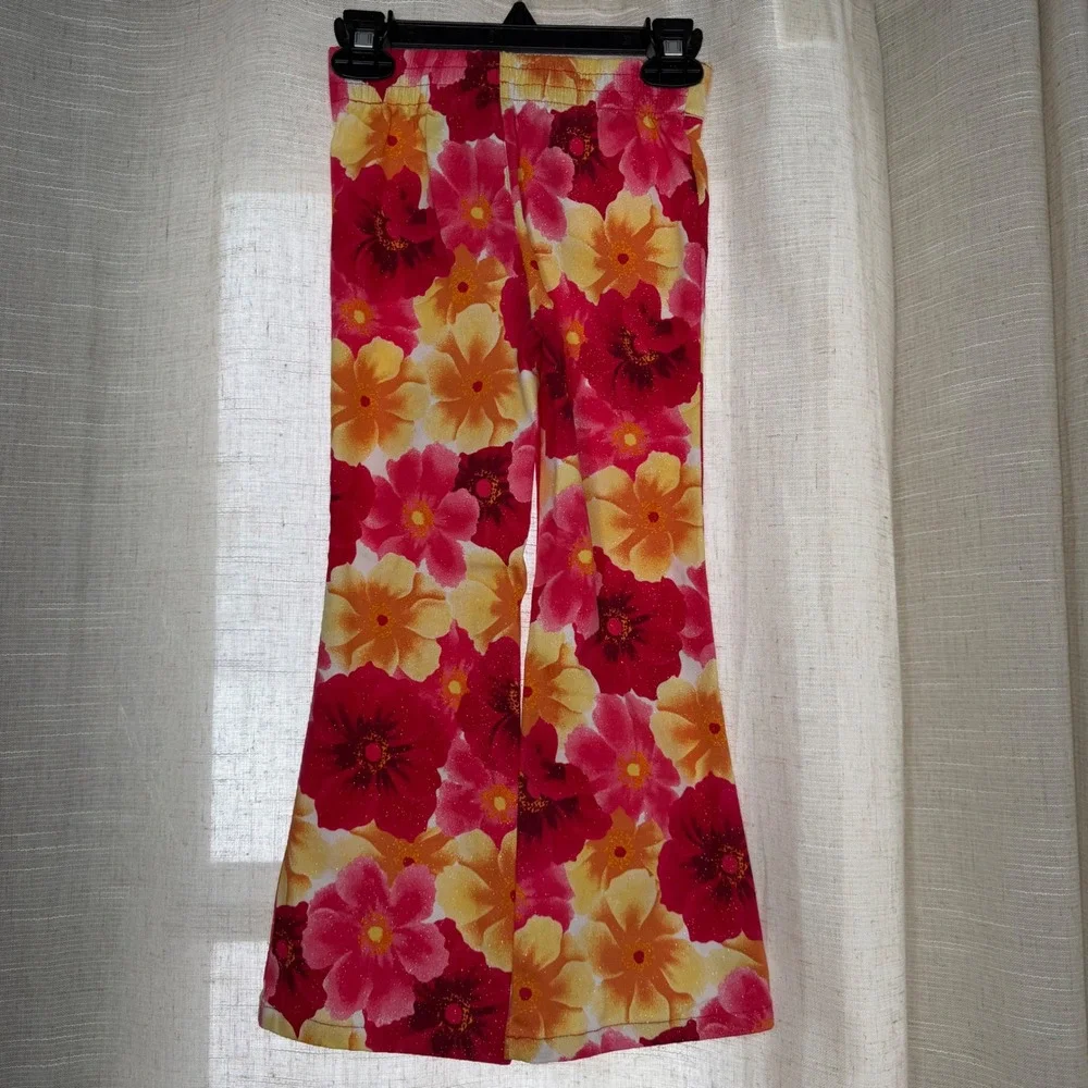Y2K Vintage Xhilaration Flare Pants Pink Floral Silver Glitter Girls Size XS 4/5